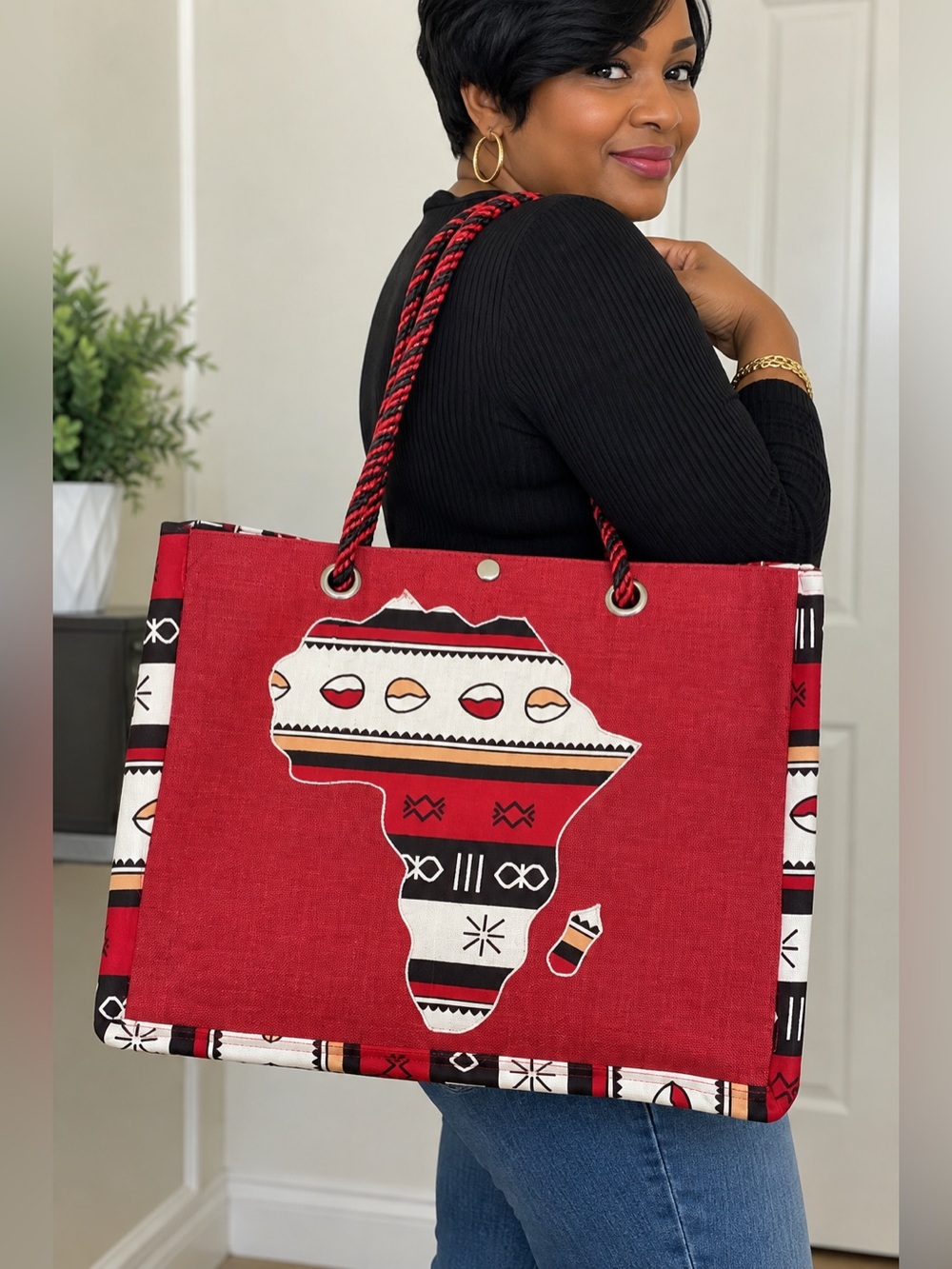 Red Jute Tote Bag | Afrocentric African Print Market, Ethnic Shoulder Tote